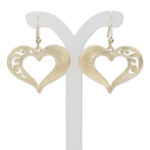 Earring, gold-finished steel and brass, 1-1/2 inches with brushed open heart and cutout design with fishhook ear wire. Sold per pair.