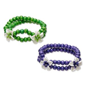 Bracelet mix, stretch, painted Japanese pagoda wood / polymer clay / glass rhinestone, multicolored, 20mm wide with flower, 6 inches. Sold per pkg of 2.