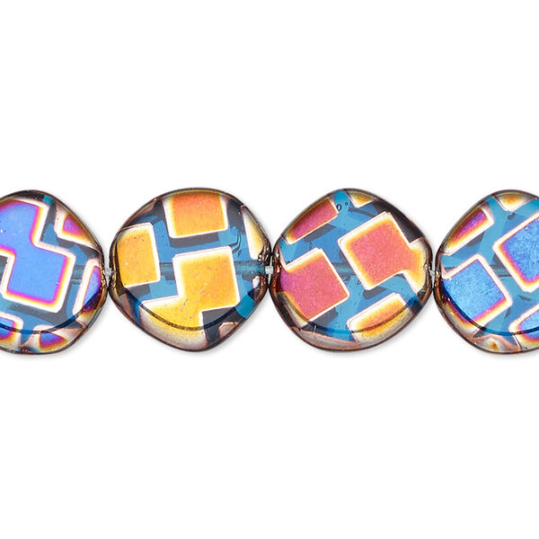 Bead, Czech pressed glass, semitransparent metallic rainbow blue, 15mm non-uniform flat round with geometric pattern. Sold per 15-1/2" to 16" strand. image number 0