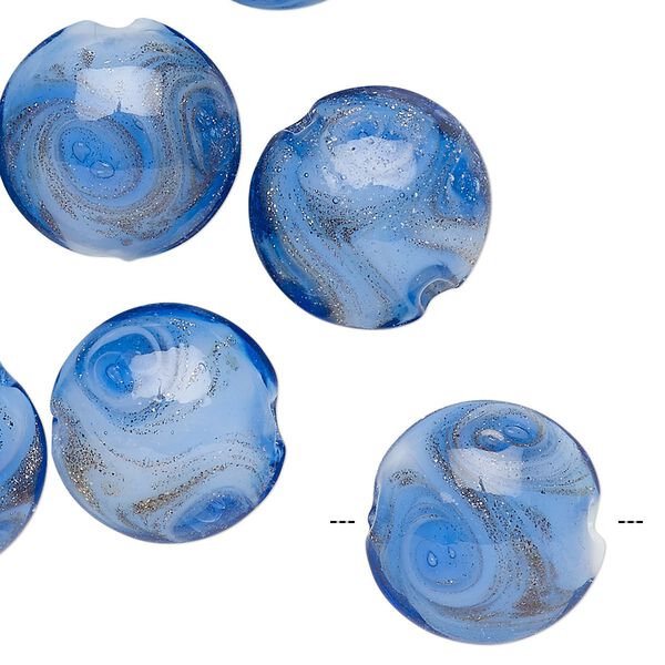 Bead, lampworked glass, blue and white with copper-colored glitter, 16mm puffed flat round with swirl design. Sold per pkg of 10. image number 0