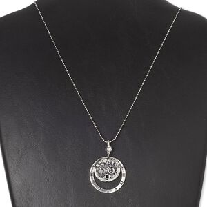 Necklace, antiqued silver-finished "pewter" (zinc-based alloy), 34mm clock and 25mm gear, 31 inches with ball chain connector. Sold individually.