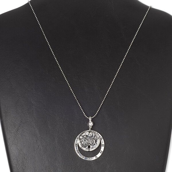 Necklace, antiqued silver-finished "pewter" (zinc-based alloy), 34mm clock and 25mm gear, 31 inches with ball chain connector. Sold individually. image number 0