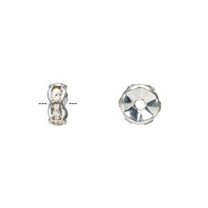 Bead, glass rhinestone and silver-plated brass, clear, 7x3mm rondelle. Sold per pkg of 10.