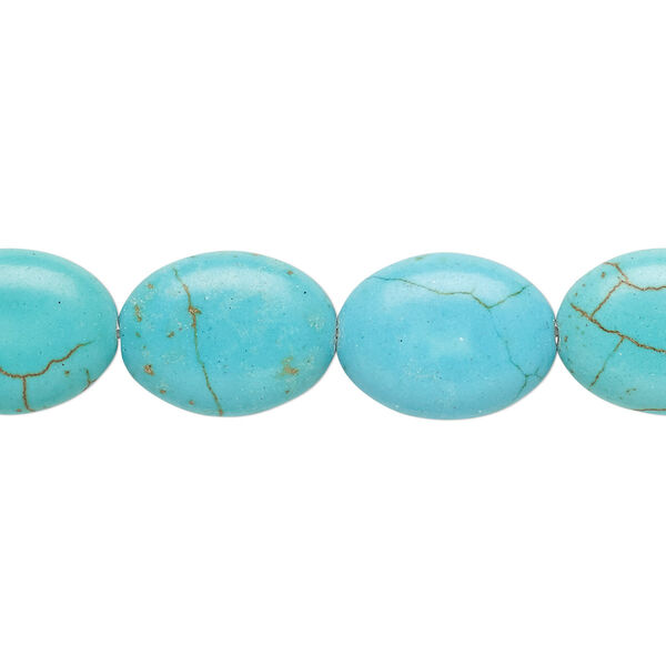 Bead, magnesite (dyed / stabilized), blue-green and light blue, 15x12mm-16x12mm puffed oval, C grade, Mohs hardness 3-1/2 to 4. Sold per 15-inch strand. image number 0