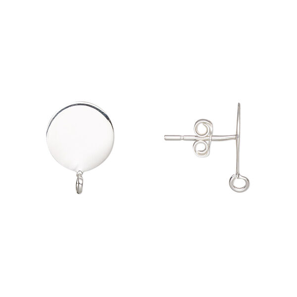Earstud, sterling silver, 10mm flat pad with open loop. Sold per pkg of 2 pairs. image number 0