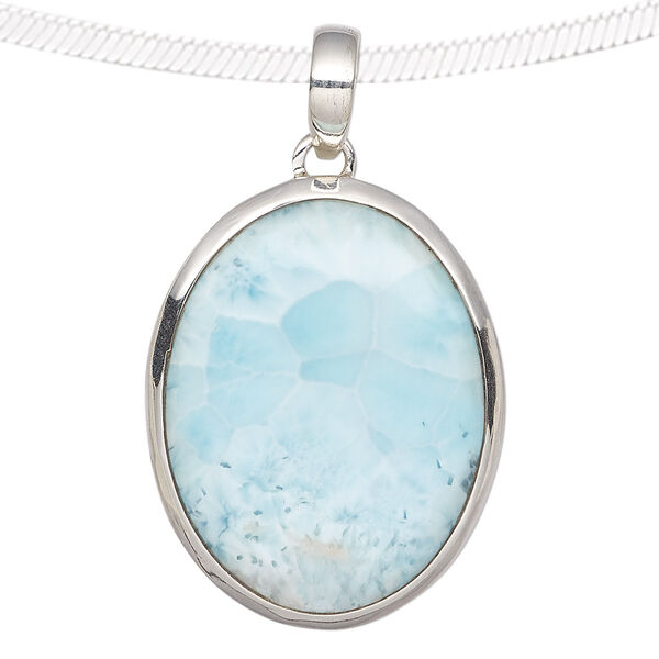 Pendant, larimar (natural) and sterling silver, 32x22mm-40x30mm oval. Sold individually. image number 0