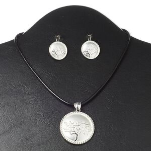 Necklace and earring set, leather (dyed) with silver-plated "pewter" (zinc-based alloy) and steel, black, 39mm round with tree of life, 16 inches with 3-inch extender chain and lobster claw clasp, 1-3/8 inch earrings with leverback ear wire. Sold per set.