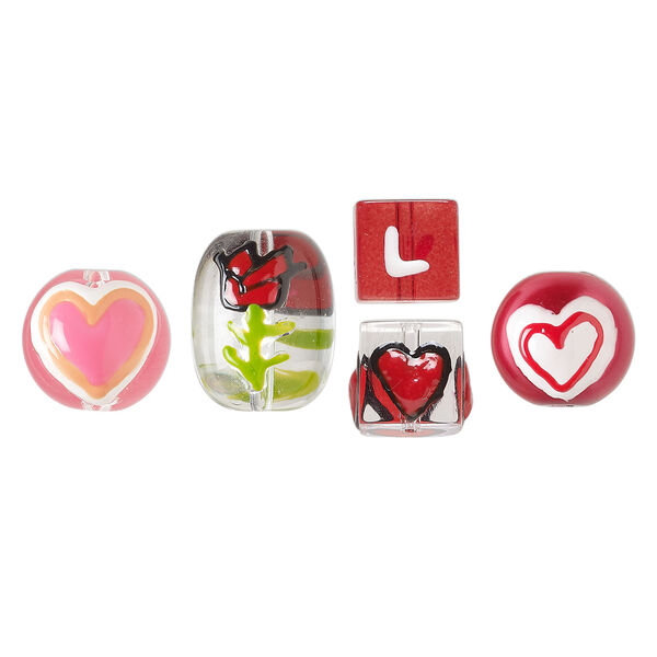 Bead mix, hand-painted glass, opaque to transparent multicolored, 10mm cube with "love" and heart design / 13mm round with heart design / 17x14mm oval with rose design. Sold per pkg of 5. image number 0