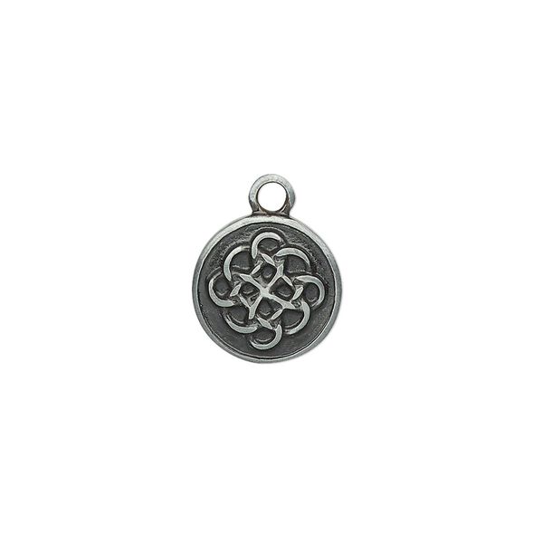 Drop, enamel and "pewter" (zinc-based alloy), black, 12mm double-sided round with Celtic knot design. Sold individually. image number 0