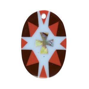Focal, paua shell and resin, multicolored, 30x20mm single-sided flat oval with cross design. Sold individually.