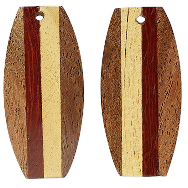 Focal, mango wood (dyed/assembled), brown / tan / red, 41x21mm-39x19mm double-sided top-drilled flat oval. Sold per pkg of 2. image number 0