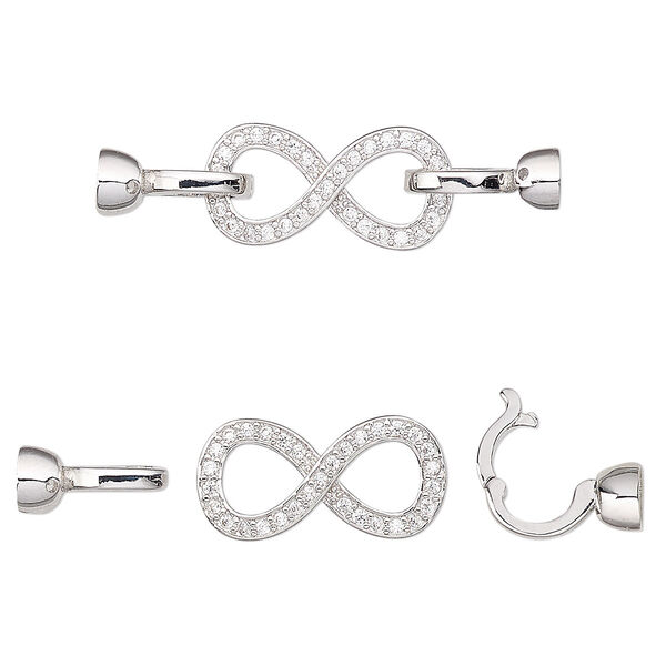 Clasp, double latch hinged hook, cubic zirconia and rhodium-plated brass, clear, 35x9.5mm infinity with glue-in ends, 3.5mm inside diameter. Sold individually. image number 0