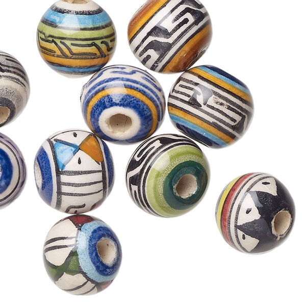 Bead mix, glazed ceramic, mixed colors, 9-11mm round with painted geometric design. Sold per pkg of 10. image number 0