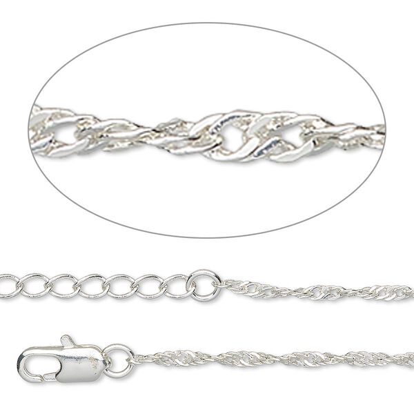 Chain, silver-plated brass, 2mm Singapore, 24 inches with 1- to 1 to 3 inches extender chain and lobster claw clasp. Sold individually. image number 0