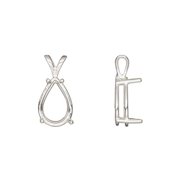 Pendant, Sure-Set™, sterling silver, 12x8mm with 4-prong pear basket setting. Sold individually. image number 0