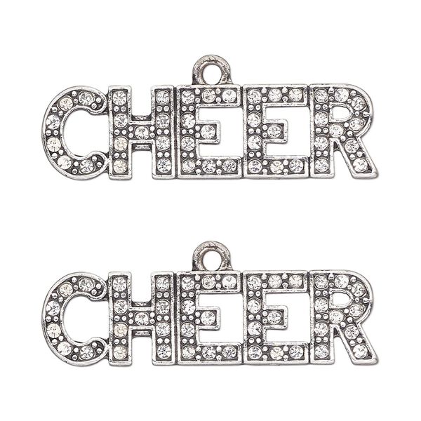 Focal, antique silver-finished "pewter" (zinc-based alloy) and glass, clear, 35x10mm single-sided cheer. Sold per pkg of 2. image number 0
