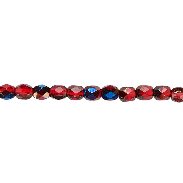 Bead, Czech fire-polished glass, red blue iris, 4mm faceted round. Sold per 15-1/2" to 16" strand. image number 0