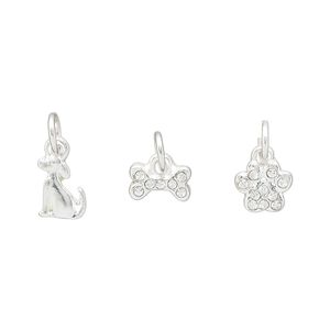 Charm assortment, silver-finished "pewter" (zinc-based alloy) and glass rhinestone, clear, 8x7mm paw print / 8x6mm dog / 8x5mm dog bone. Sold per 3-piece set.