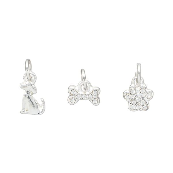 Charm assortment, silver-finished "pewter" (zinc-based alloy) and glass rhinestone, clear, 8x7mm paw print / 8x6mm dog / 8x5mm dog bone. Sold per 3-piece set. image number 0