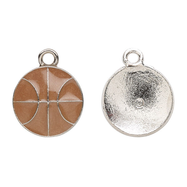 Charm, antiqued pewter (tin-based alloy) and enamel, 17mm basketball. Sold per pkg of 2. image number 0