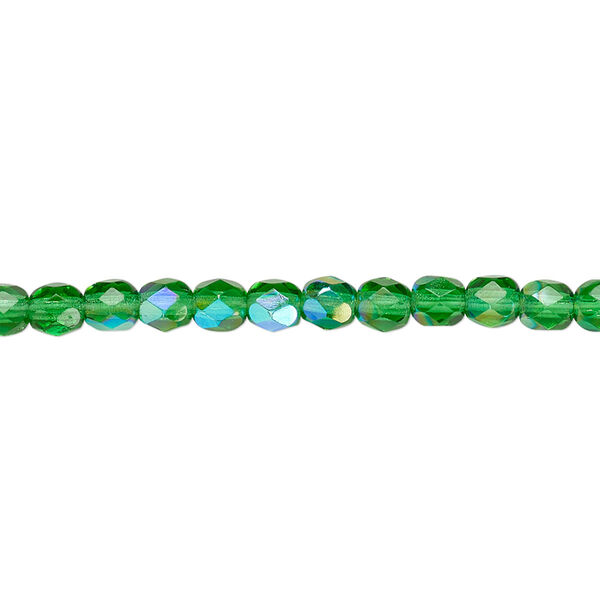 Bead, Czech fire-polished glass, emerald green AB, 4mm faceted round. Sold per 15-1/2" to 16" strand. image number 0