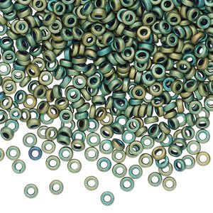 Seed bead, Miyuki, glass, pkg/50g, 3x1.3mm spacer rondelle, opaque matte metallic iris green patina, (SPR3-2008).