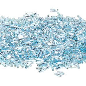Bead, Miyuki, bugle bead, glass, pkg/250 g, 6x2mm center-drilled twisted, silver-lined translucent light blue, (TW-18).