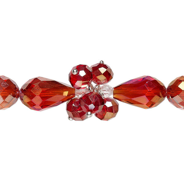 Bead, glass and silver-finished brass, translucent red AB and clear, 4mm faceted bicone / 8x6mm faceted rondelle / 15x10mm faceted teardrop. Sold per 8-inch strand. image number 0