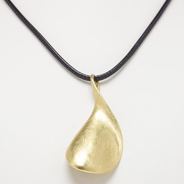 Necklace, imitation leather with gold-finished steel and "pewter" (zinc-based alloy), black, 3x1-1/4 inch scratched spoon, 18 inches with 3-inch extender chain and lobster claw clasp. Sold individually. image number 0