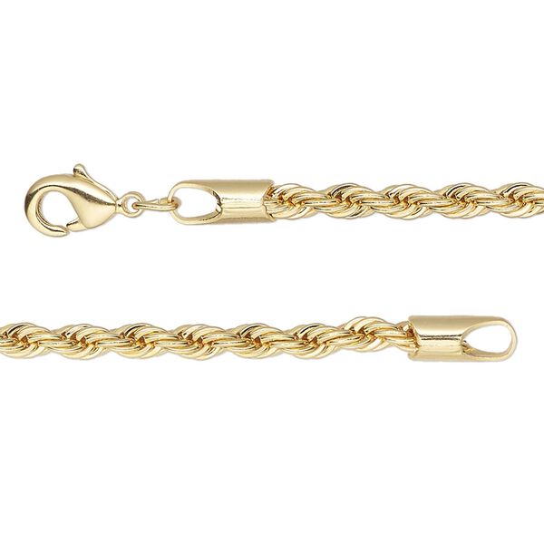 Chain, gold-finished brass, 3mm rope, 36 inches with lobster claw clasp. Sold individually. image number 0