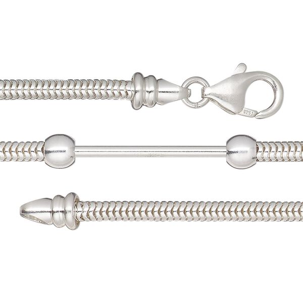 Chain, sterling silver, 3mm snake, 18 inches with lobster claw clasp, (2) threaded ball end and end caps with 22x1.6mm bar. Sold individually. image number 0