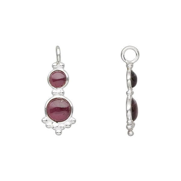 Drop, sterling silver and garnet (natural), 21.5x8mm with 4mm and 5mm round cabochons. Sold individually. image number 0