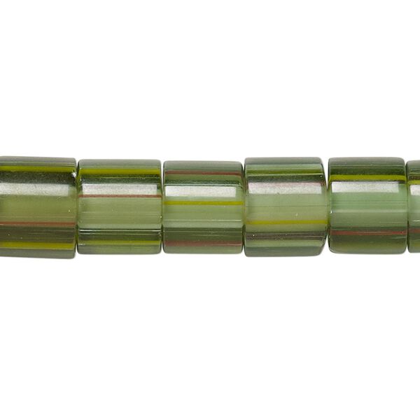 Bead, cane glass, multicolored, 10x8mm-12x9mm round tube with stripes. Sold per 15-inch strand. image number 0