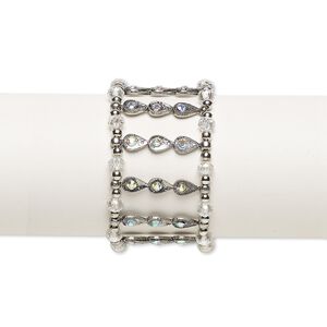 Bracelet, stretch, glass / silver-coated plastic / antique silver-finished "pewter" (zinc-based alloy), clear and clear AB, 34mm wide, 6-1/2 inches. Sold individually.
