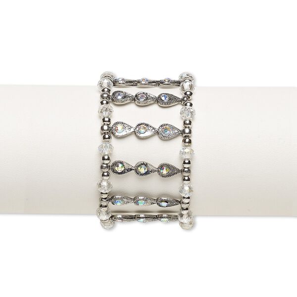 Bracelet, stretch, glass / silver-coated plastic / antique silver-finished "pewter" (zinc-based alloy), clear and clear AB, 34mm wide, 6-1/2 inches. Sold individually. image number 0