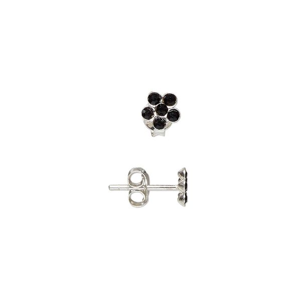Ear stud, sterling silver and glass, jet, 5mm flower. Sold per pair. image number 0