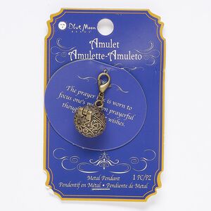 Drop, antique brass-finished "pewter" (zinc-based alloy) and steel, 15mm round with hearts design and magnetic closure with lobster claw clasp. Sold individually.