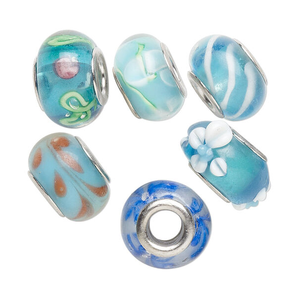Bead, Dione®, lampworked glass and imitation rhodium-plated brass grommets, transparent blue and opaque multicolored, 12x8mm-16x9mm rondelle with assorted designs. Sold per pkg of 6. image number 0