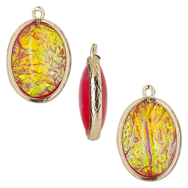 Drop, Opalized Ice™, "opal" (resin) and gold-finished brass, orange, 20x15mm double-sided oval. Sold per pkg of 4. image number 0