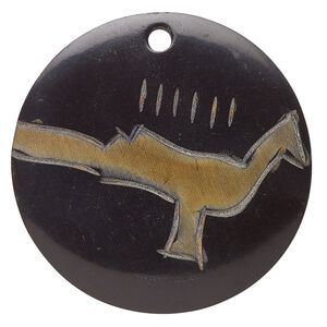 Focal, horn (dyed), black and brown with bird design, 49mm round. Sold individually.