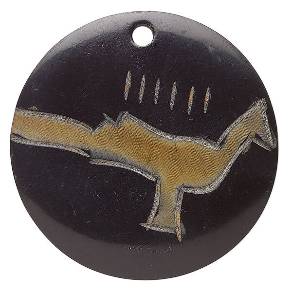 Focal, horn (dyed), black and brown with bird design, 49mm round. Sold individually. image number 0
