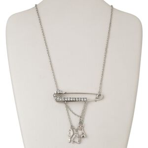 Necklace, antiqued silver-finished "pewter" (zinc-based alloy) and steel and glass rhinestone, clear, 69x15mm safety pin with assorted drops, 32 inches with lobster claw clasp. Sold individually.