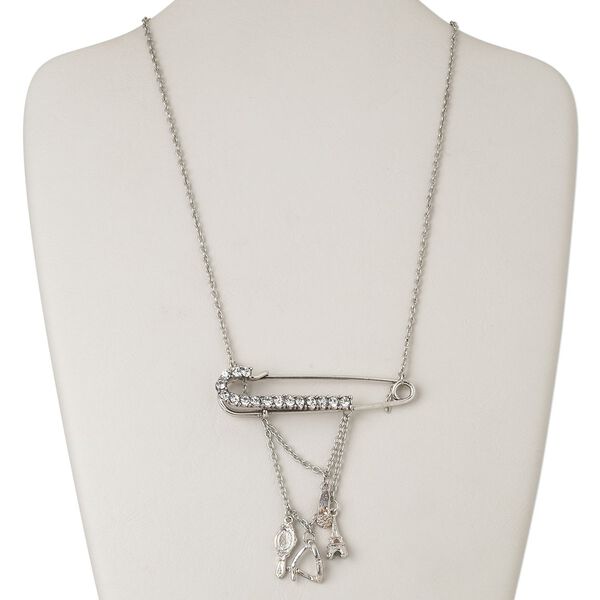Necklace, antiqued silver-finished "pewter" (zinc-based alloy) and steel and glass rhinestone, clear, 69x15mm safety pin with assorted drops, 32 inches with lobster claw clasp. Sold individually. image number 0