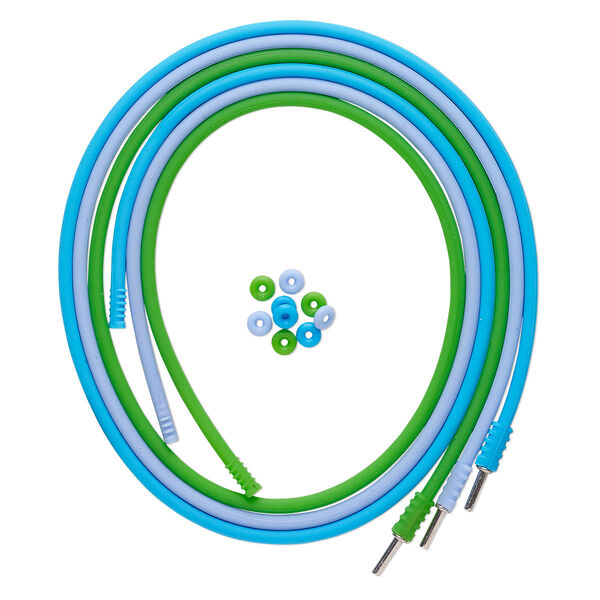 Necklace cord, silicone and stainless steel, light blue / turquoise blue / green, 3mm round, 20 inches with pop-style clasp. Sold per pkg of 3. image number 0
