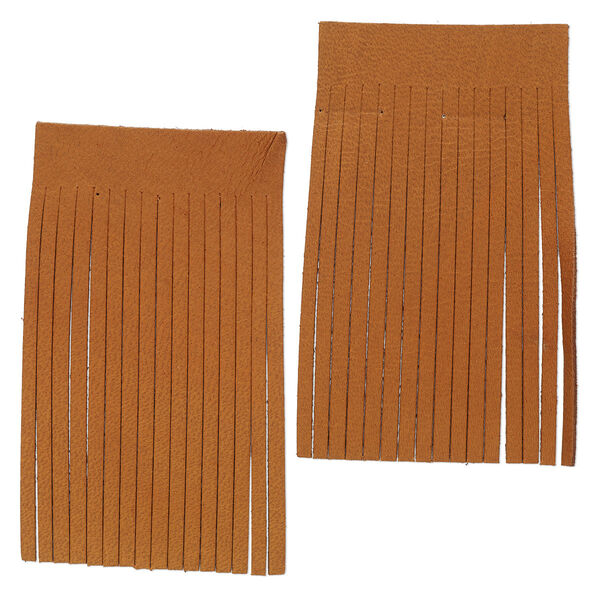 Component, Realeather®, deerskin leather (dyed), saddle tan, 3 x 2-inch fringe with 1/8 inch wide strips. Sold per pkg of 2. image number 0