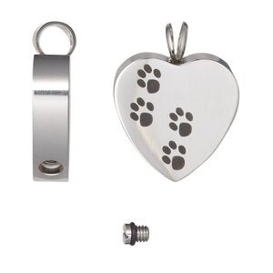 Pendant, stainless steel and silicone, black, 25x20mm heart with laser-etched paw print and watertight chamber. Sold individually.