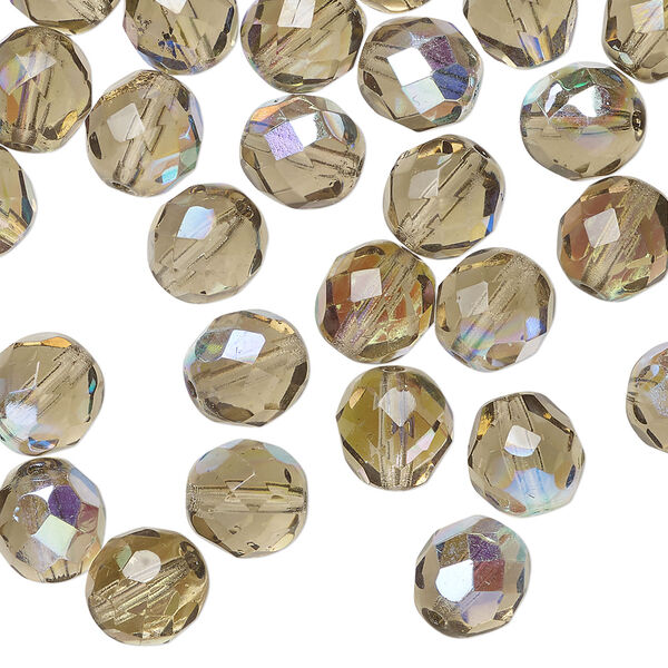 Bead, Czech fire-polished glass 1pkg600, translucent smoke half-coated AB, 8mm faceted round. image number 0