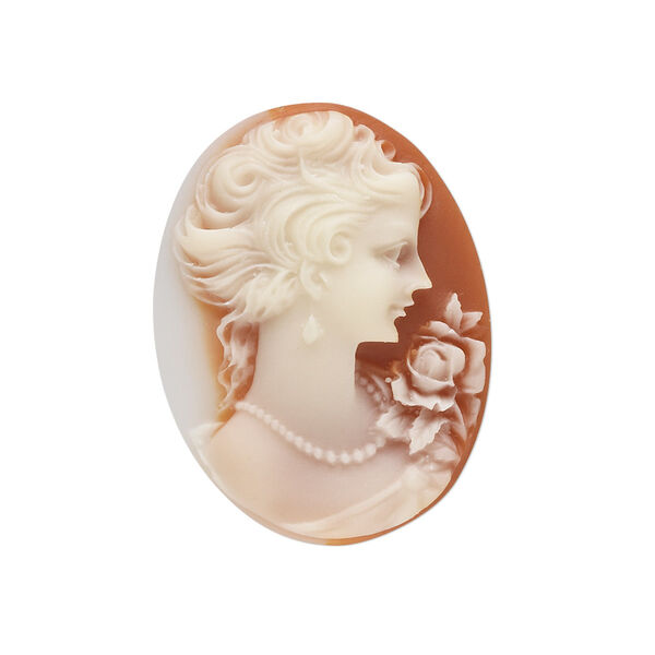 Cabochon, acrylic, white and peach, 30x22mm right-facing non-calibrated oval cameo with woman. Sold individually. image number 0