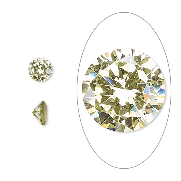 Gem, cubic zirconia, peridot green, 6mm faceted round, Mohs hardness 8-1/2. Sold per pkg of 2. image number 0