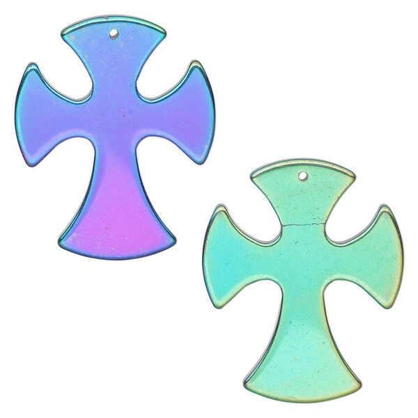 Focal, electroplated Hemalyke™ (man-made), rainbow, 39x32mm double-sided cross. Sold individually. image number 0
